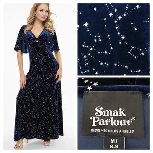 Smak Parlour Maxi Dress Size M Blue Velvet Constellation Stars Bell Sleeve Retro